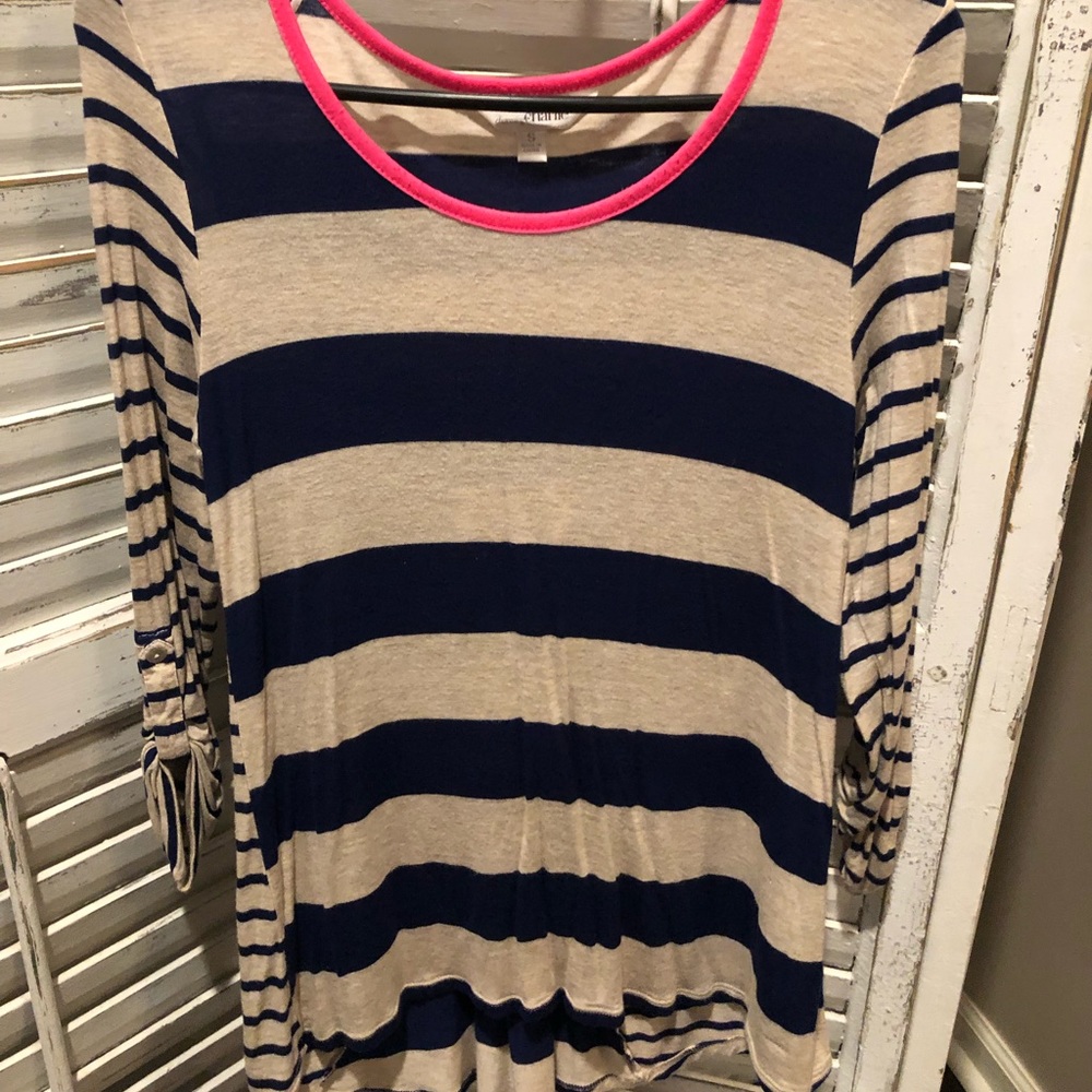 Navy, white and pink long-sleeved blouse